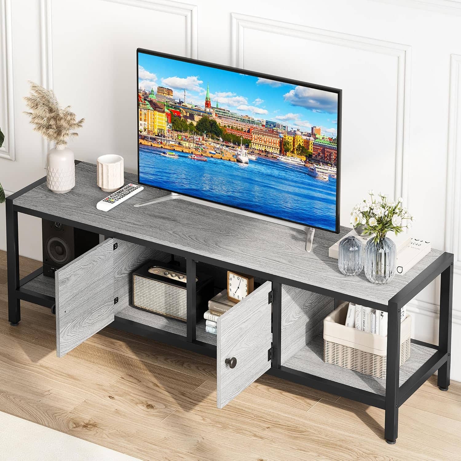 Qeetex - Modern 65-Inch TV Stand for Up to 75-Inch TVs, Entertainment Center with Storage Cabinet & Adjustable Feet - Gray