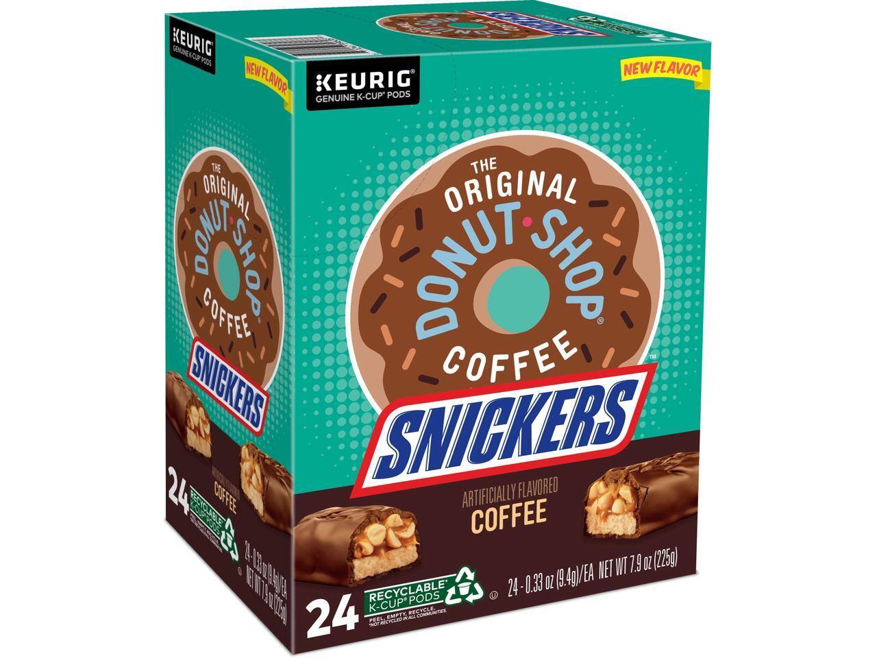 TOAO Ht KEURIG SENNESCP RODS NEW FLAVOR NEW FLAVOR KEURIG K-CUP* PODS GENUINE THE ORIGINAL DONUT SHOP COFFEE SNICKERS 24 COFFEE ARTIFICIALLY FLAVORED E 7 COFFEE d 1 18m 7.9 OZ (225g) O 1-130962 wL (9.4g)/EA NET WT EE EA 24 0.33 OZ RECYCLABLE PODS e F 015 K-CUP RECYCLE CONNUNITES a 24 - PEEL MCHOLED EMPT ALL