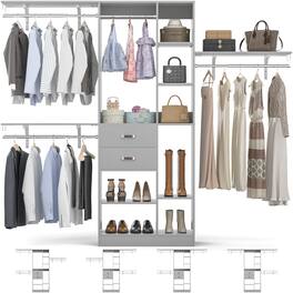 Aheaplus - Upgraded 96'' Closet System with 13 Storage Shelves, 8FT Open Wardrobe System with 2 Wooden Drawers & 4 Hanging Rods - Gray