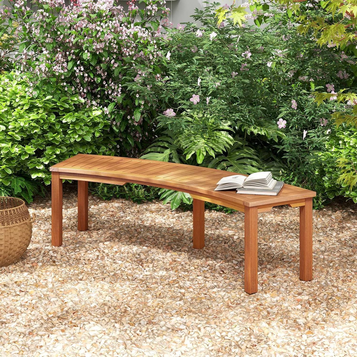 Left. SlickBlue - Set of 2 Outdoor Backless Wooden Garden Benches with Modern Arch Design - Brown.