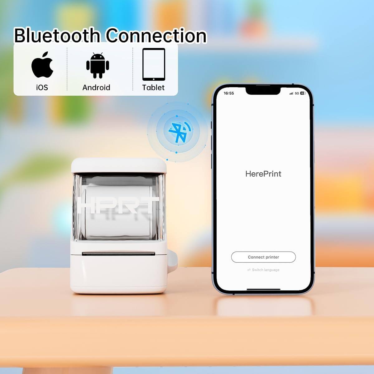 Bluetooth Connection  
iOS Android Tablet  

16:55 - SG  

HerePrint  
HPRT  

Connect printer  
Switch language
