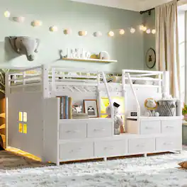 Anysun - Full Low Loft Bed w/ Multi-Storage, Fabric Drawers & Shelves, Storage Stairs, Lights, Under-Bed Space - White