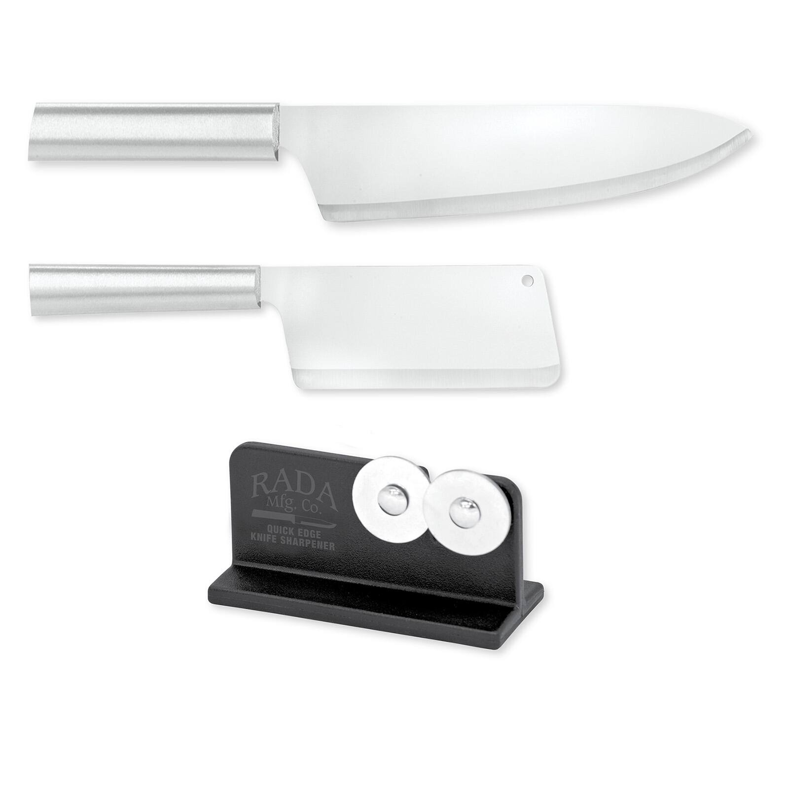 Rada - Cutlery 8.5-Inch French Chef Knife, 5.25 Inch Chef's Dicer Knife, Handles & Quick Edge Knife Sharpener - Silver