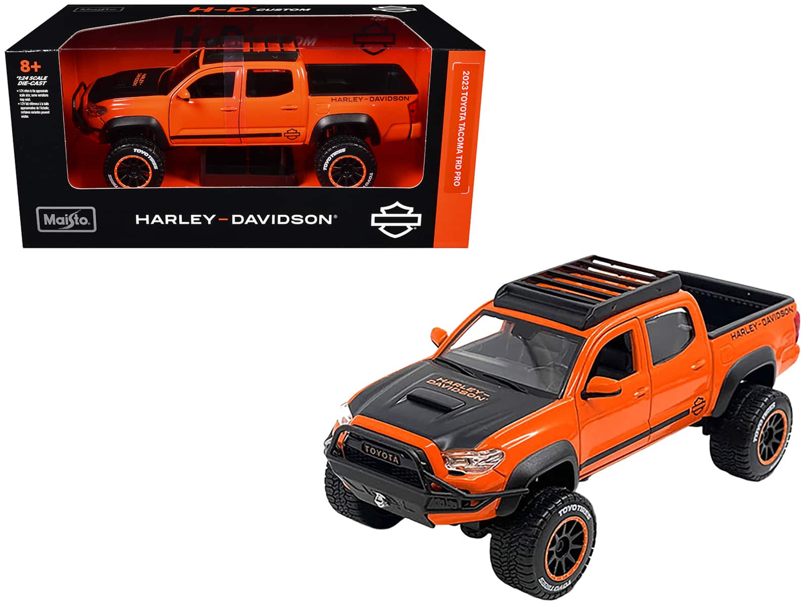 Maisto 1:24 Harley Davidson Custom 2023 Toyota Tacoma – Modellino Pressofuso Arancione/Nero, Porte Apribili, Collezione - 4