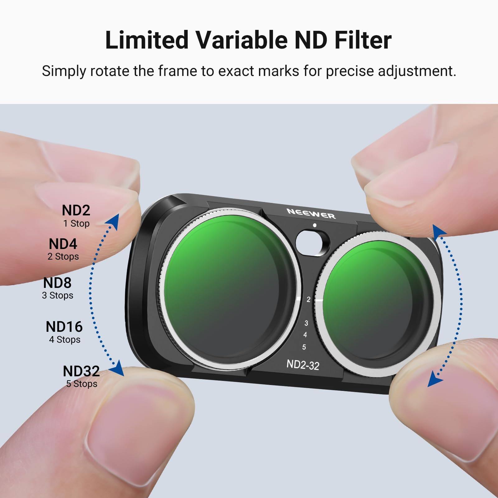Limited Variable ND Filter  
Simply rotate the frame to exact marks for precise adjustment.  

ND2 1 Stop  
ND4 2 Stops  
ND8 3 Stops  
ND16 4 Stops  
ND32 5 Stops  
ND2-32
