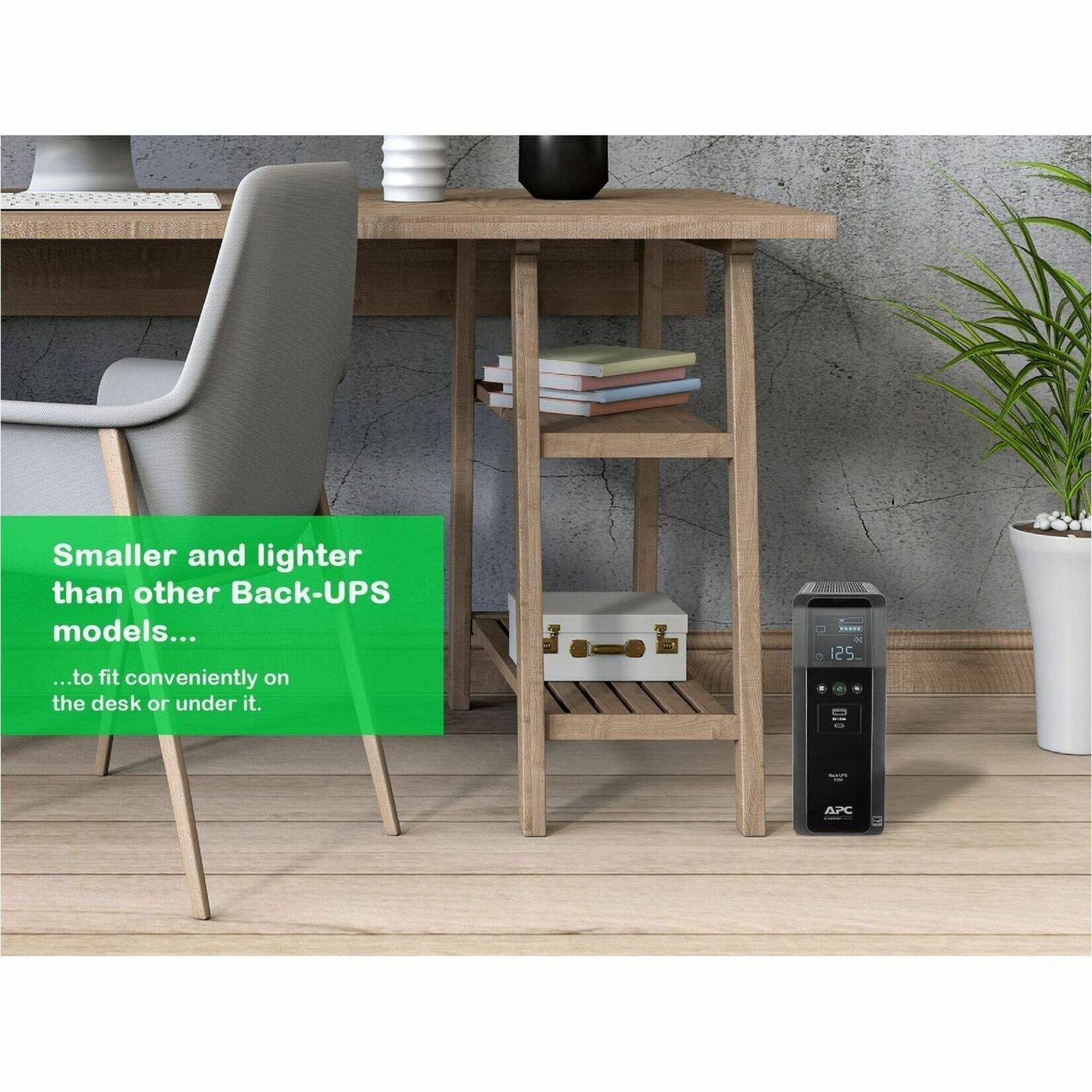 Smaller and lighter than other Back-UPS models... ...to fit conveniently on the desk or under it. i 25 APC