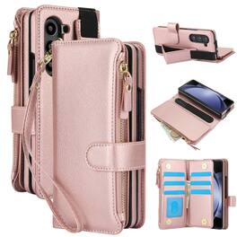 Dteck - Wallet Case for Samsung Galaxy Z Fold8 Ultra Shockproof Leather Zipper Pocket Cover with Card Slots and Wrist Strap - Rosegold