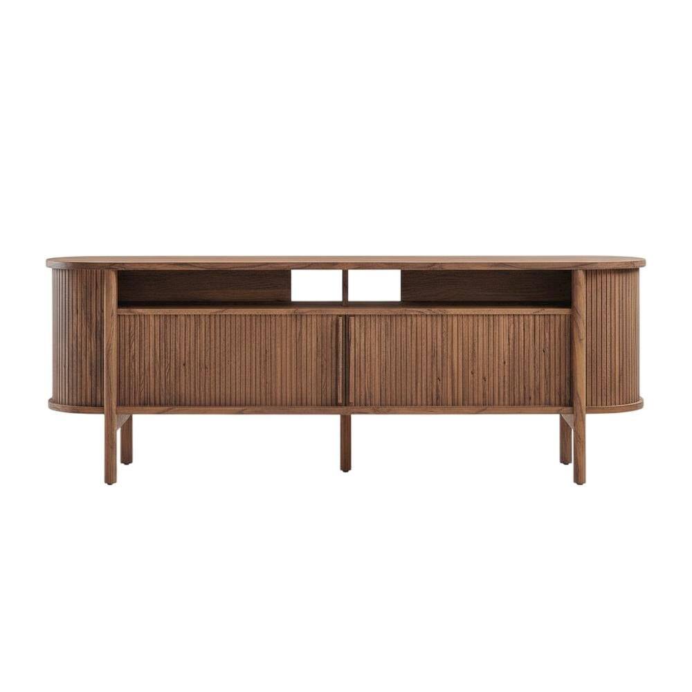 Back. FurniFact - Curved TV Stand in Brown, Rubberwood Solids, Walnut Veneers, Stylish Storage - Brown.