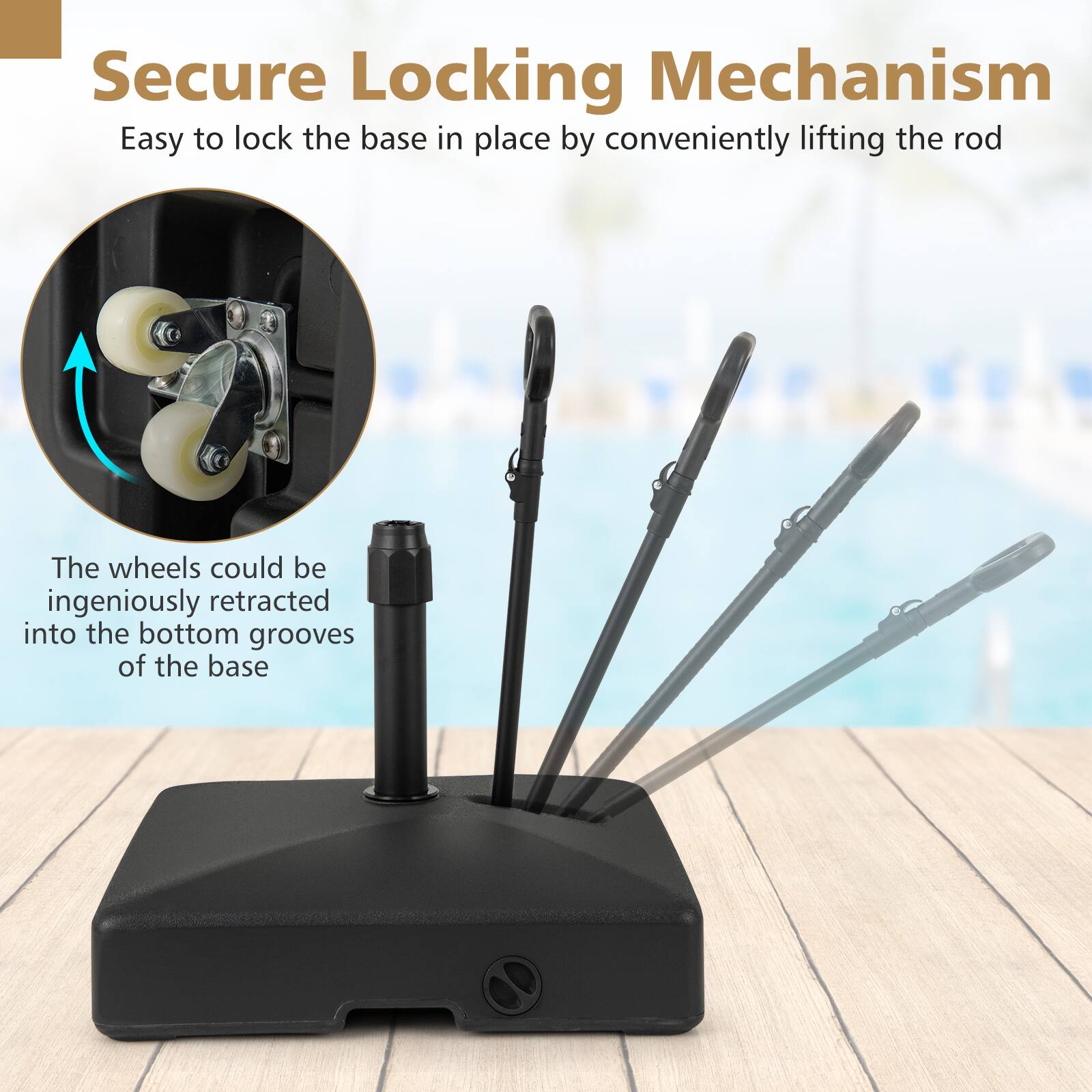 Secure Locking Mechanism

Easy to lock the base in place by conveniently lifting the rod

The wheels could be ingeniously retracted into the bottom grooves of the base