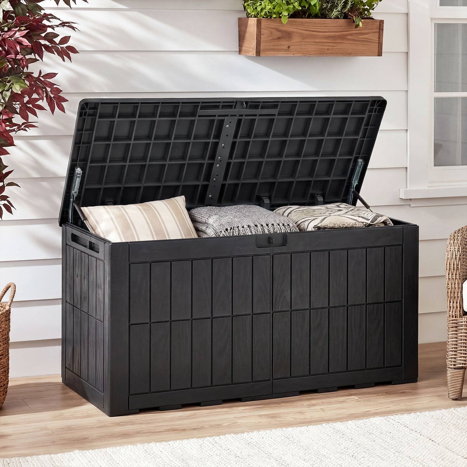 Alt View 3. Costway - Costway 100 Gal Outdoor Deck Box, All-Weather Lockable Storage Bin with Lid and Handles - Black.