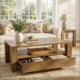 Tribesigns - Farmhouse Coffee Table with Storage, 47" Large Rectangle Coffee Table with 2 Drawers & Open Shelf, Mid Century Modern Wo - Rustic Brown