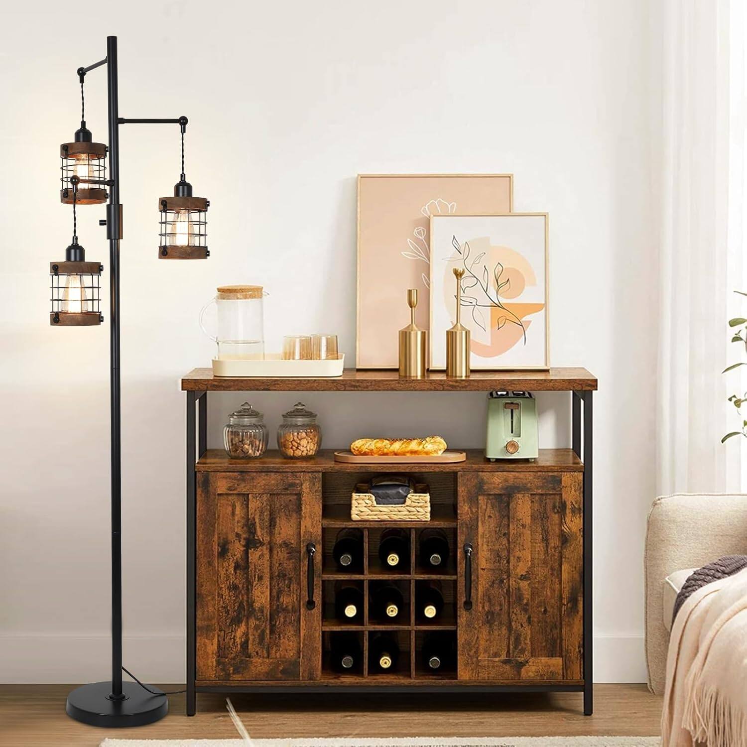 Alt View 4. Z-Edge - Dimmable Floor Lamps for Living Room, 3-Light Industrial Floor Lamp with Wood & Metal Cage, Standing Lamp Tall Tree Lamp - Black.