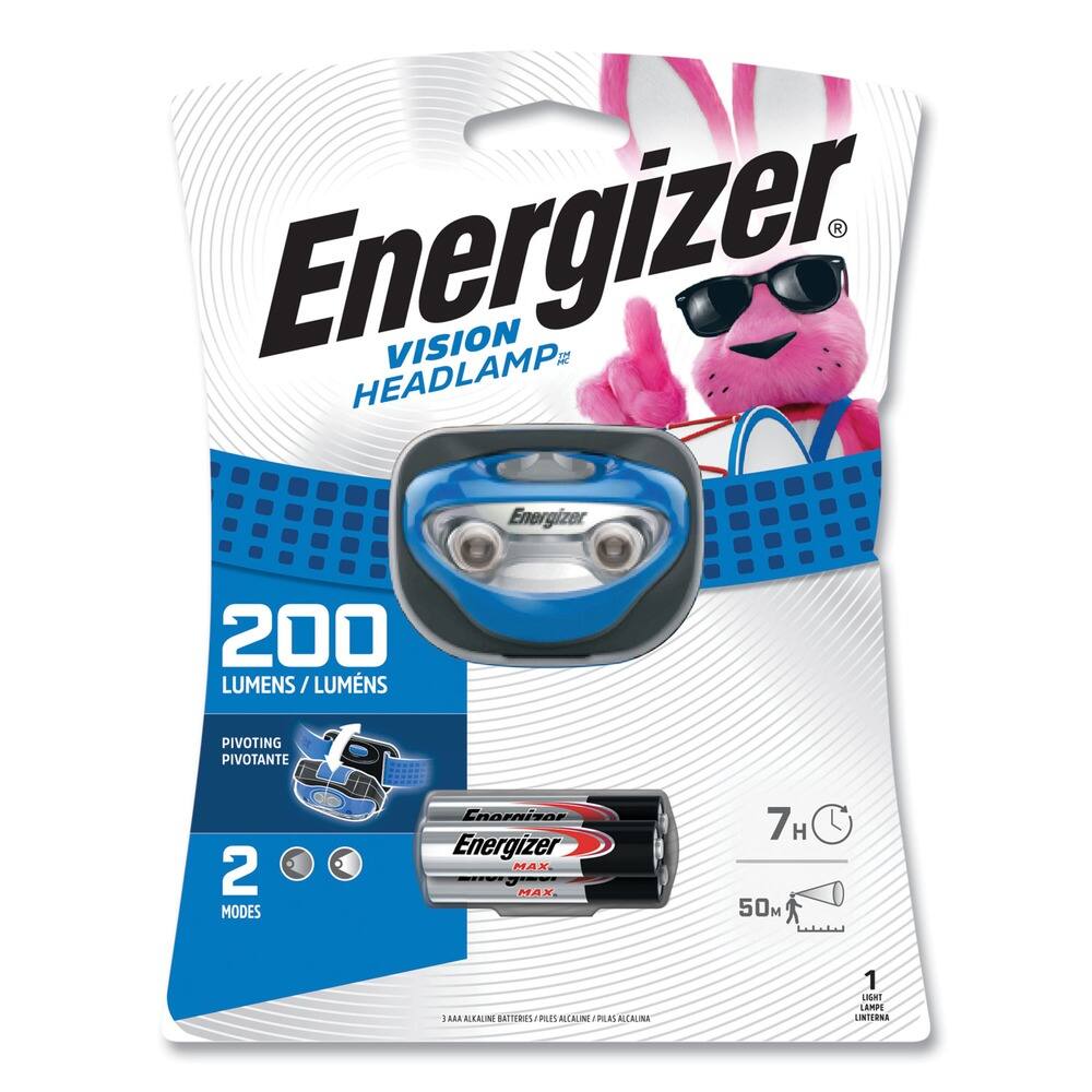 Energizer  
VISION HEADLAMP  

200 LUMENS / LUMENS  

PIVOTING PIVOTANTE  

2 MODES  

7H  

50M  

1 LIGHT INTERNA  

3 AAA ALKALINE BATTERIES / 3 PILES ALKALINE / 3 PILES ALCAINE