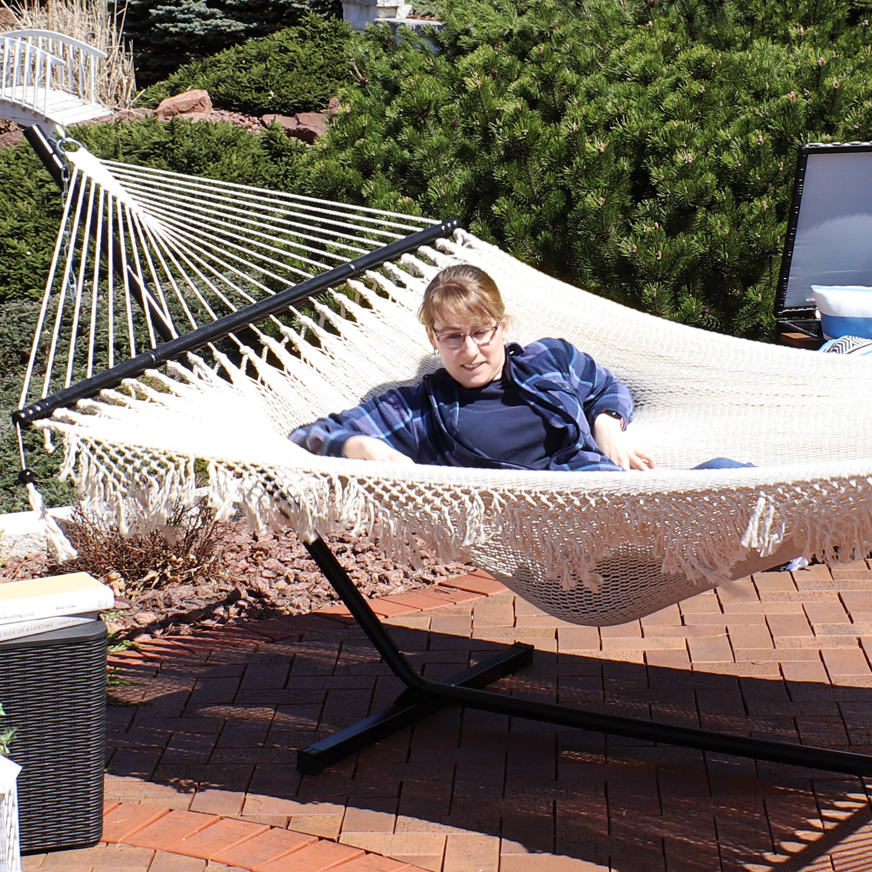 Alt View 5. Sunnydaze - 2-Person Woven Hammock with Spreader Bars and Fringe - Natural.