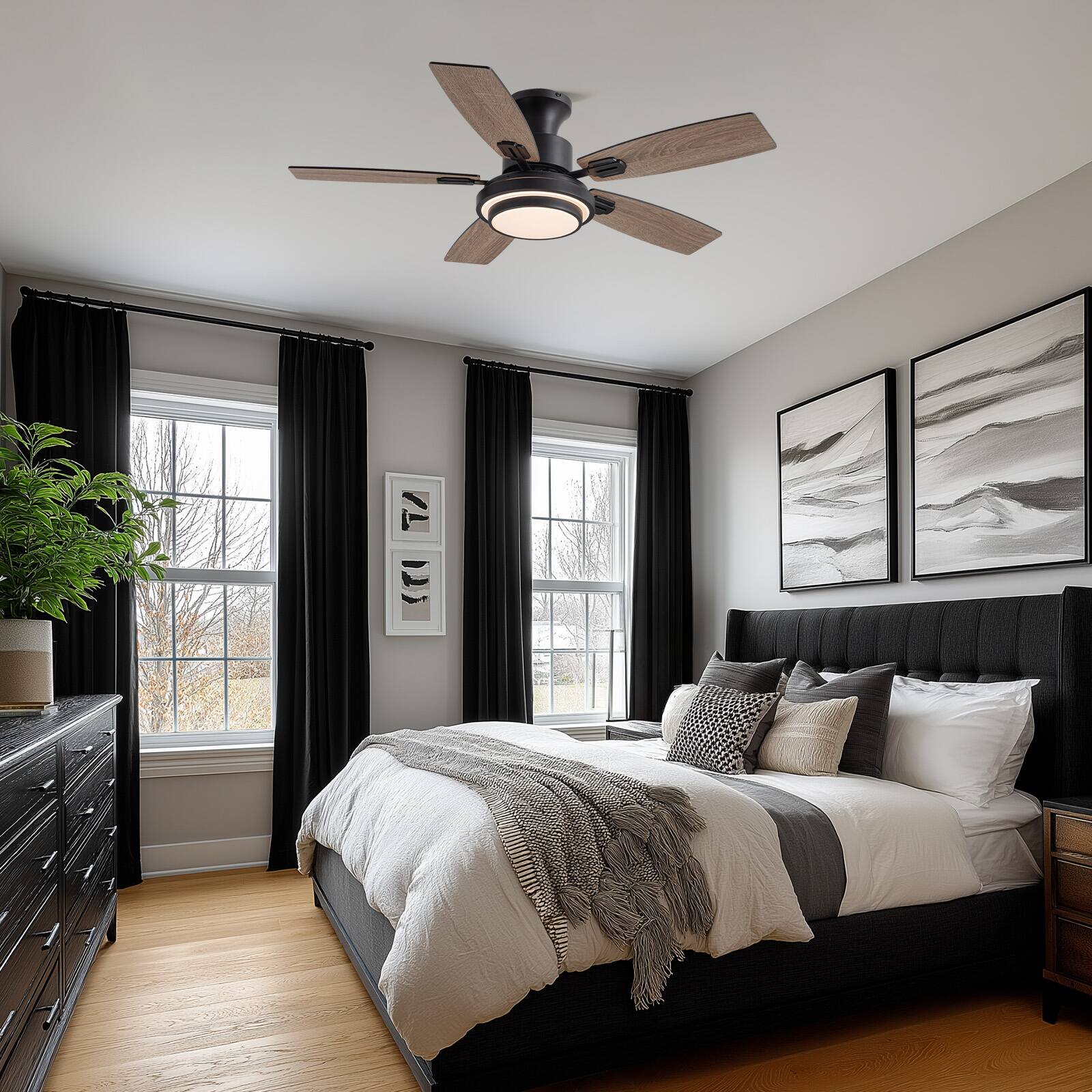 Left. Siljoy - 42 Inch Black Flush Mount LED Ceiling Fan - Low Profile for Bedroom Living Room - Gloss Black.