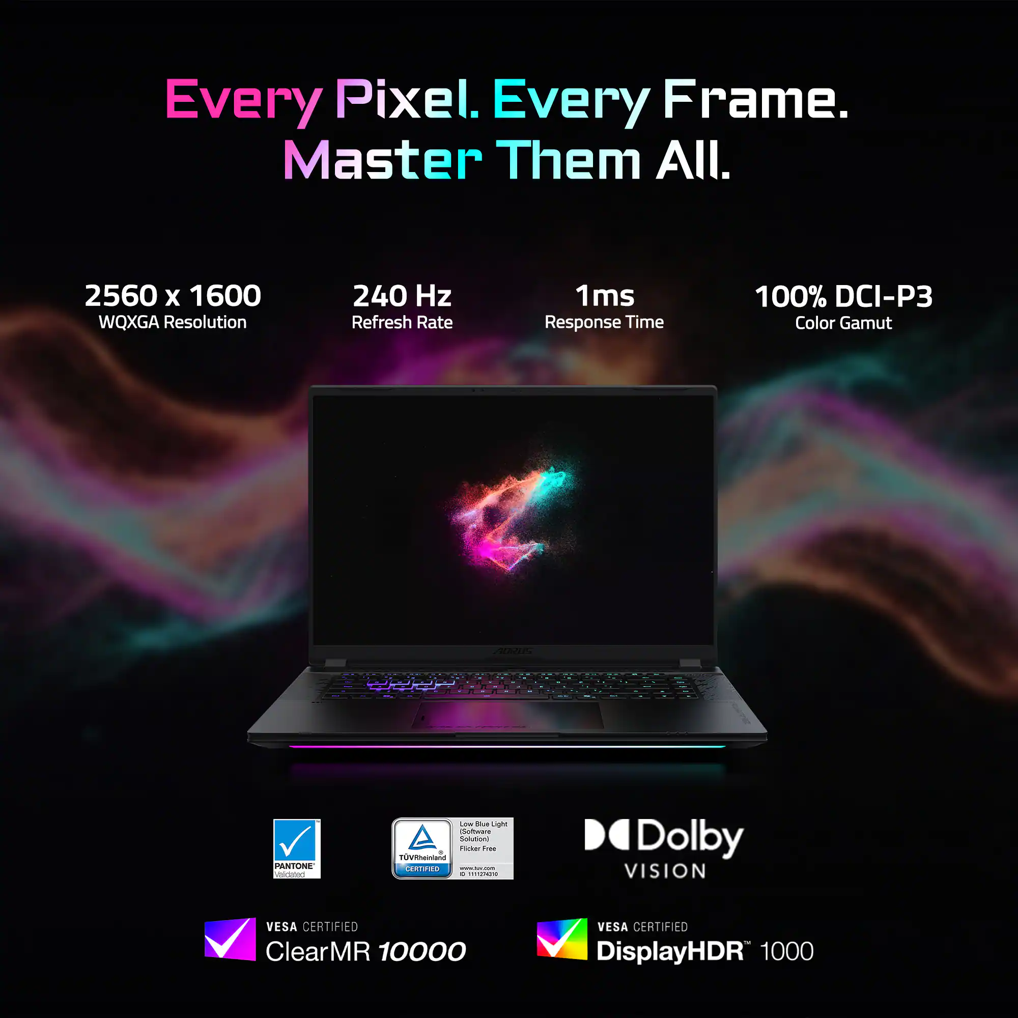 Every Pixel. Every Frame. Master Them All.

2560 x 1600 WQXGA Resolution  
240 Hz Refresh Rate  
1ms Response Time  
100% DCI-P3 Color Gamut  

PANTONE® Validated  
Low Blue Light  
Flicker Free  
TÜV Rheinland Certified  

Dolby VISION  

VESA CERTIFIED ClearMR 10000  
VESA CERTIFIED DisplayHDR™ 1000