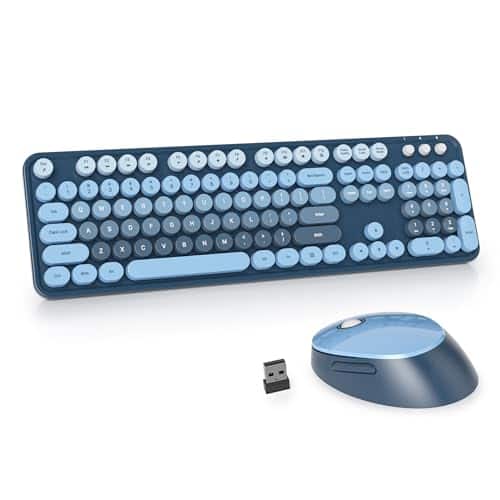 Stamp n Camp - Gtsp Colorful Pink Wireless And Mouse Combo Typewriter Full-size Retro Cute Office hz With Round Keycaps For Desktop - Ocean Blue