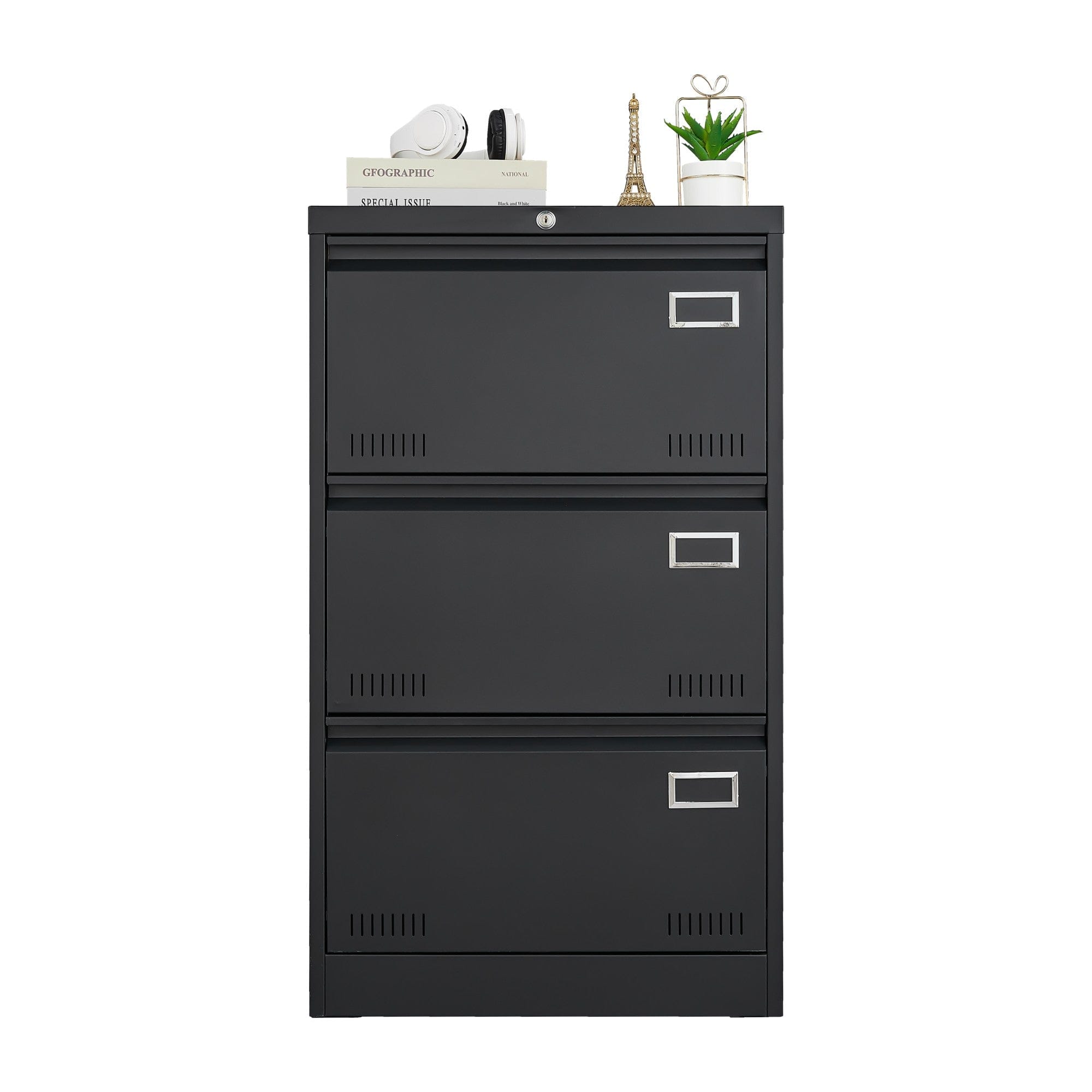 Boyel Living - Filing Cabinet Lateral File Cabinet 3 Drawer Locking Metal for Home Office Legal Letter A4 F4 - Black