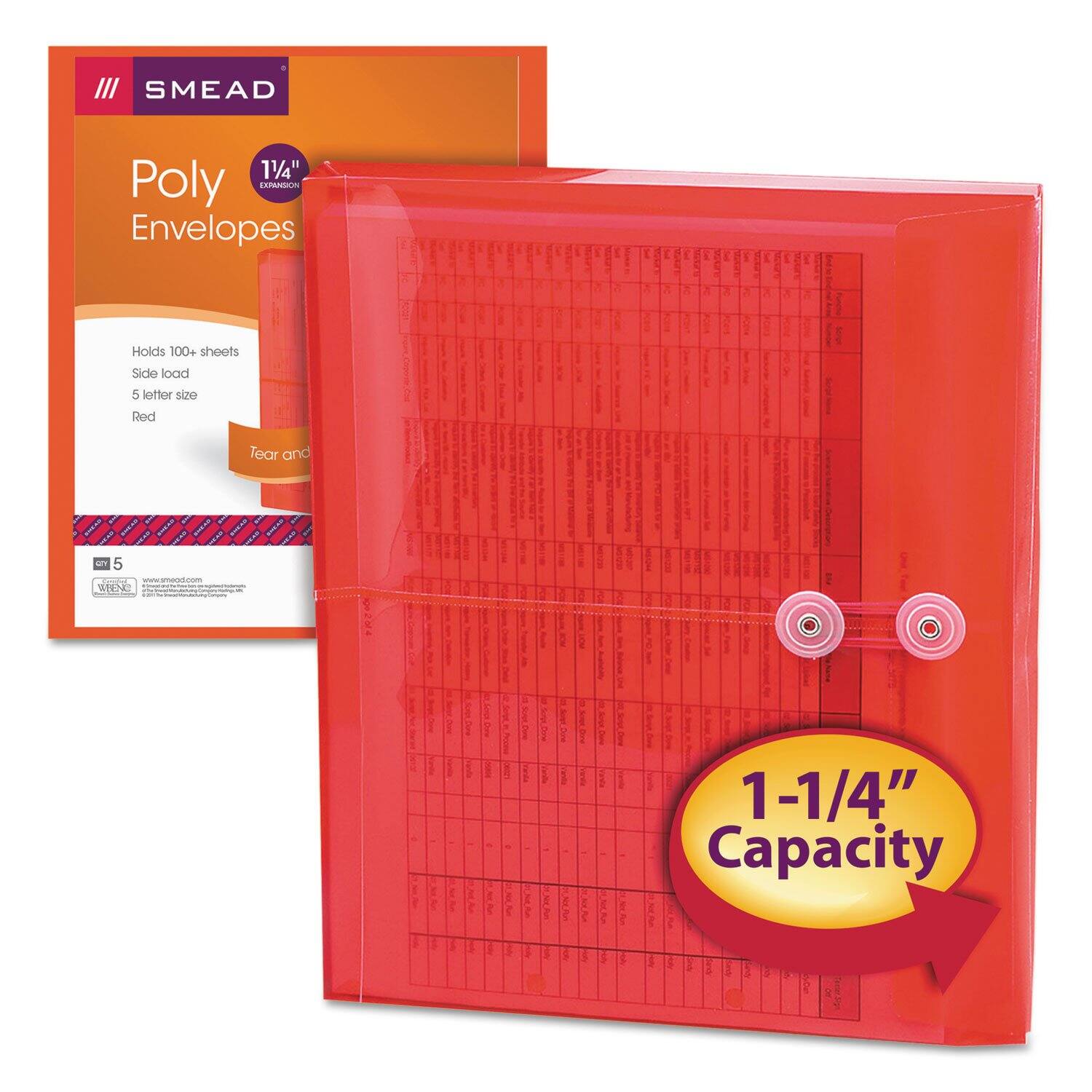 SMEAD  
Poly Envelopes  
11/4" Expansion  
Holds 100+ sheets  
Side load  
5 letter size  
Red  
Tear and  
1-1/4" Capacity