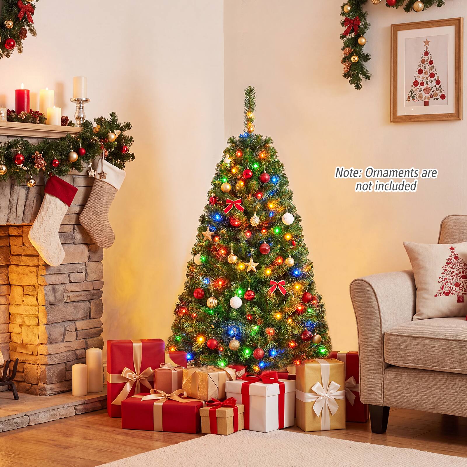 Costway - 4 FT Pre-Lit Artificial Christmas Tree with 296 Dense Branch Tips, 100 LED Lights - Green