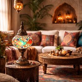 FC Design - 13"H Bronze Stand Bright Mosaic Kilim-Design Globe Turkish Lamp