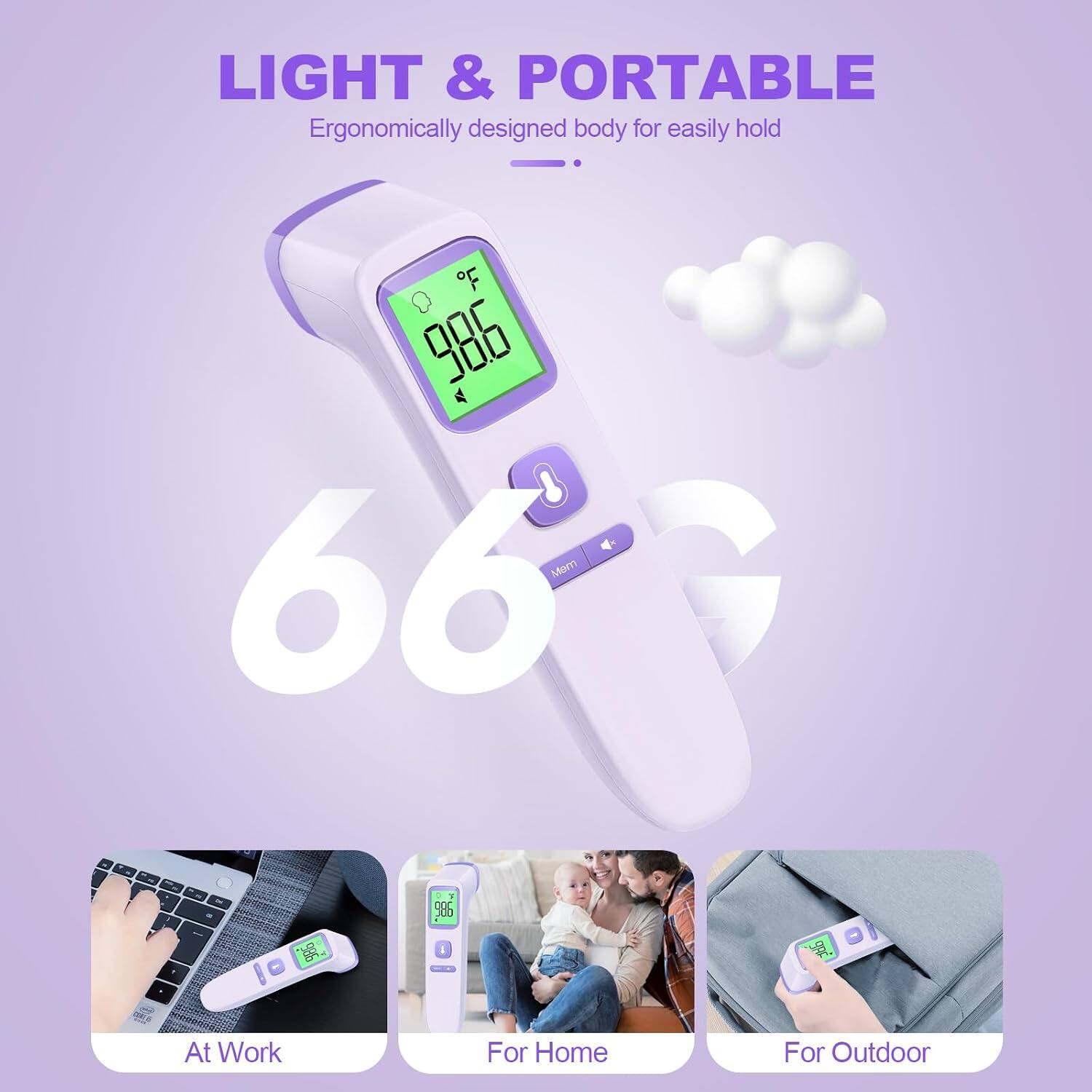 LIGHT & PORTABLE  
Ergonomically designed body for easily hold

F 000 00.0  
Mem 66

aBe 10  
C 0% E 000 000

At Work  
For Home  
For Outdoor