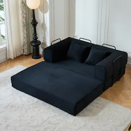 Anysun - 59" Corduroy Convertible Sleeper Sofa Bed with Cylindrical Pillow - Folding Mattress Couch for Living Room & Bedroom - Black