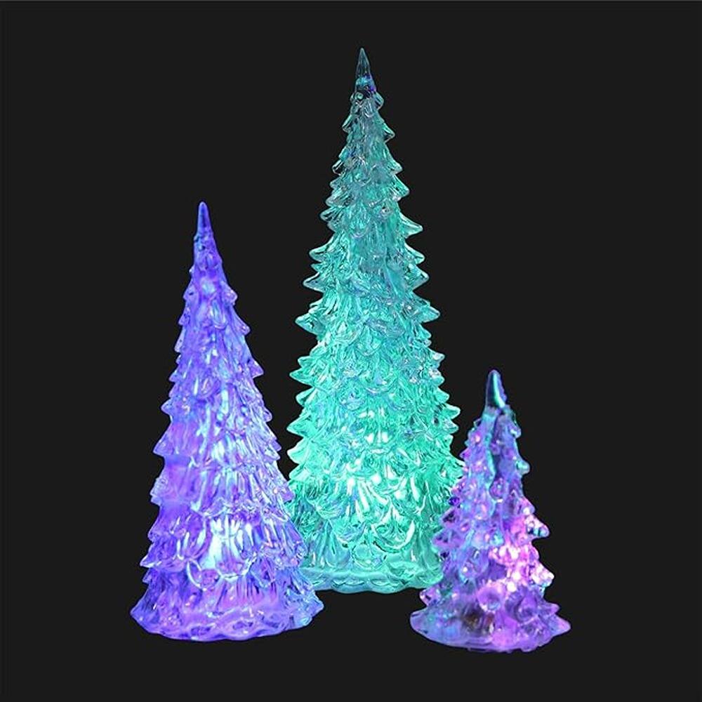 Schertz - 3-Piece Lighted Glass Christmas Tree Figurines – 7-Color Changing LED Acrylic Holiday Decor for Tabletop, Mantel, Window - crystal