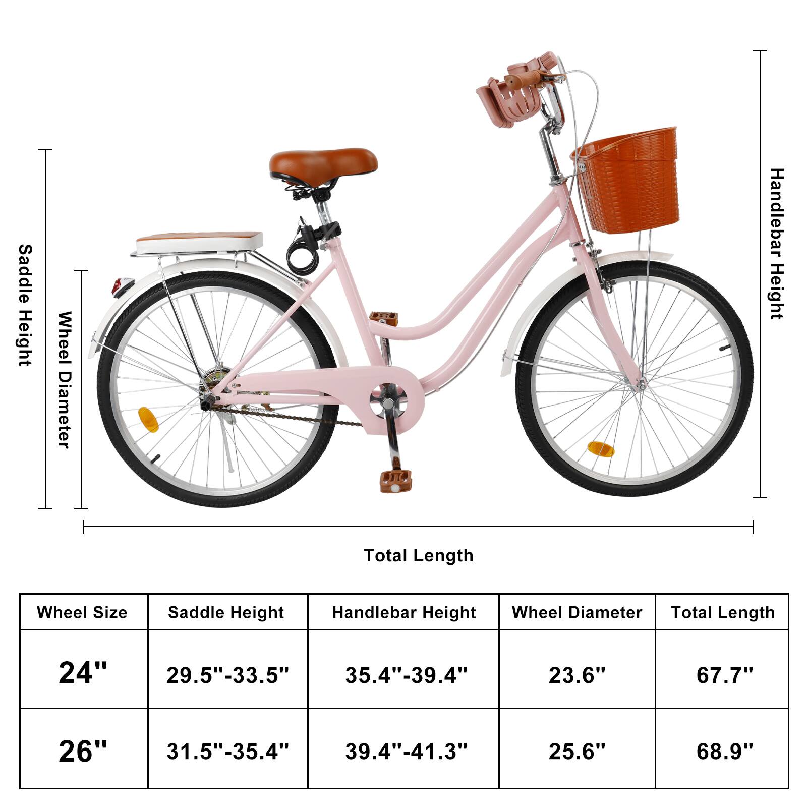 Sure, here is the corrected and grouped text:

---

**Wheel Size** | **Saddle Height** | **Handlebar Height** | **Wheel Diameter** | **Total Length**

**24"** | 29.5"-33.5" | 35.4"-39.4" | 23.6" | 67.7"

**26"** | 31.5"-35.4" | 39.4"-41.3" | 25.6" | 68.9"

---