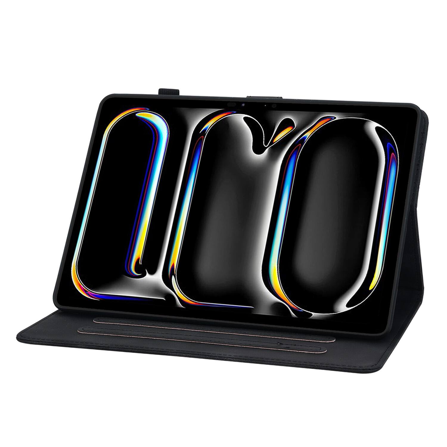 Back. Dteck - Foilo Case for Apple iPad Pro (M5) 11" 2025 & (M4) 2024,Embossed Pattern PU Leather Flip Card Holder Kickstand Cover - Black.