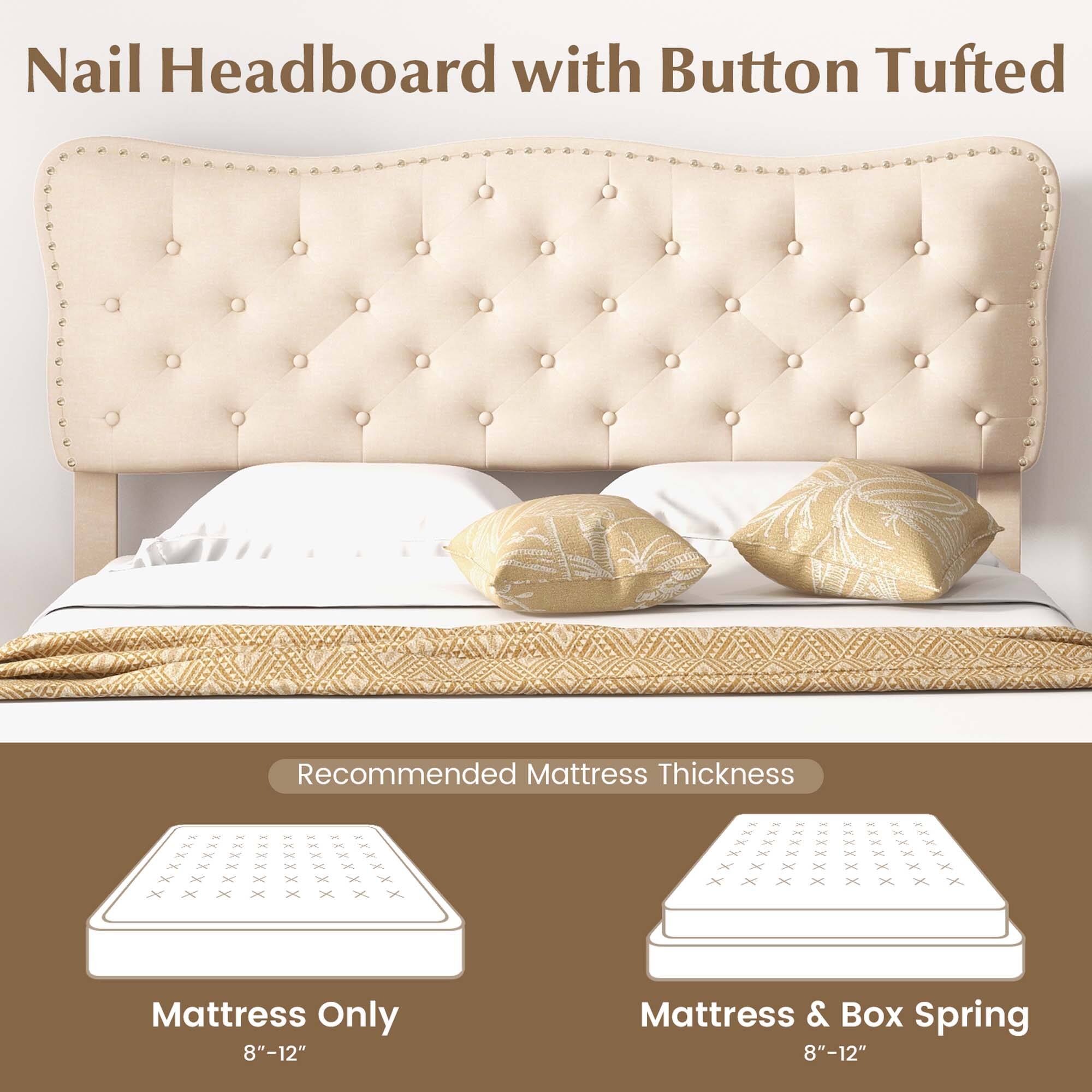 Alt View 5. Costway - Costway Queen Upholstered Platform Bed Frame Button-Tufted Headboard Mattress Foundation - Beige.