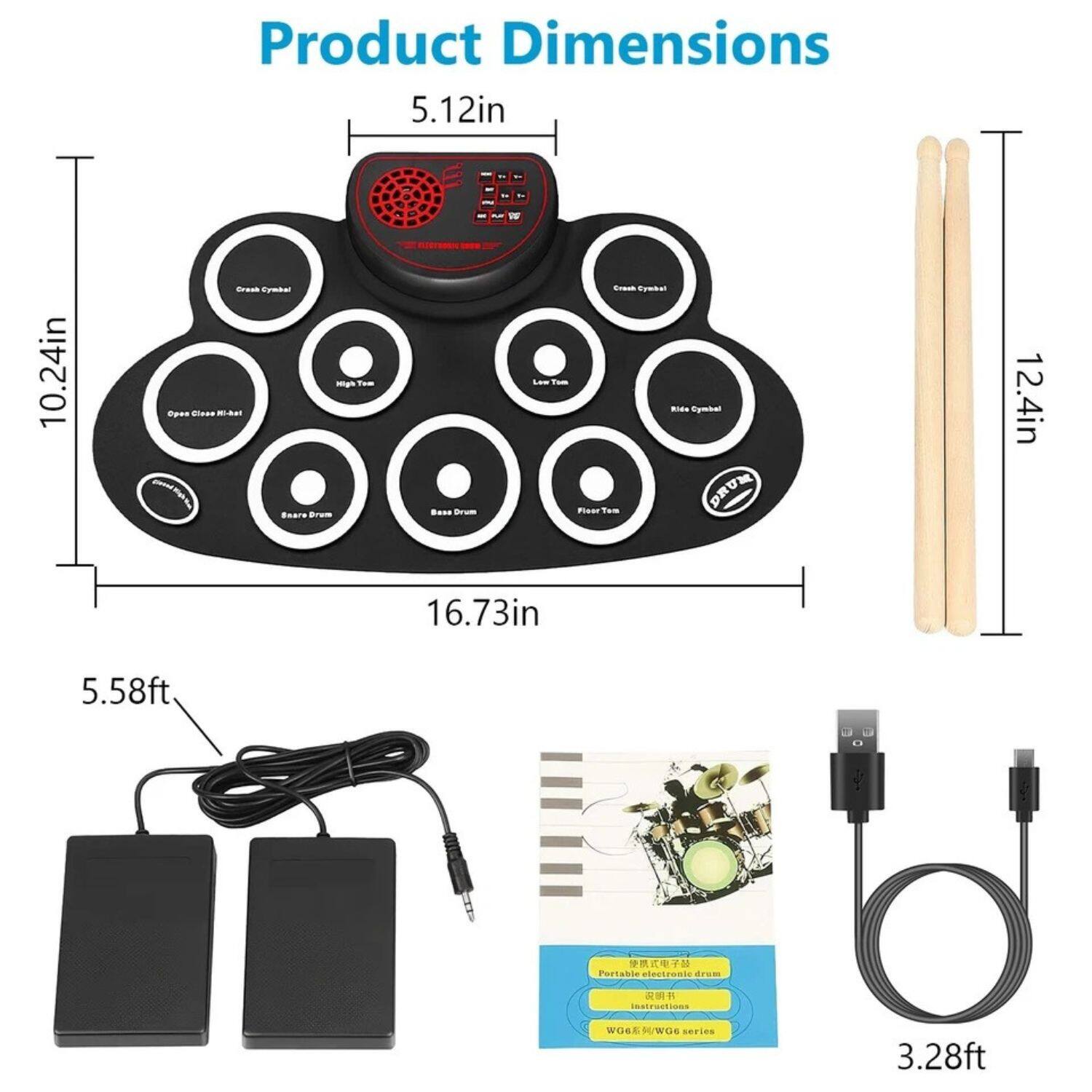 Product Dimensions

- 5.12in
- 10.24in
- 16.73in
- 12.4in
- 5.58ft
- 3.28ft

Product Features

- Portable electronic drum
- Instruction manual
- WOG series/WGG series