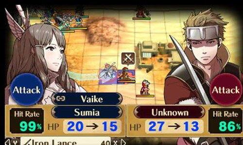 Vaike  
Attack  
Hit Rate 99%  
HP 20 → 15  

Sumia  
Iron Lance  
40  

Unknown  
Attack  
Hit Rate 86%  
HP 27 → 13