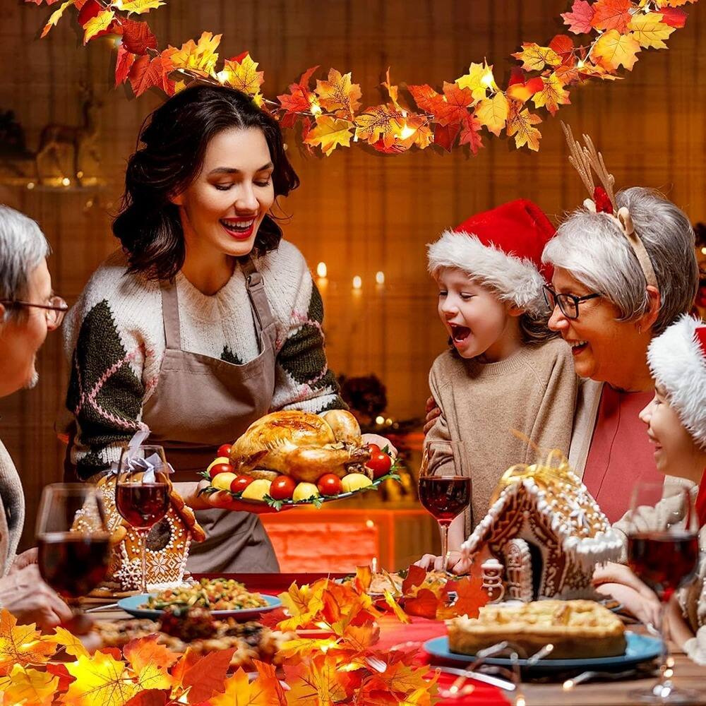 Back. PARKER SLATER - 2-Pack 11.8FT Fall Maple Leaf Garlands with 40 LED Lights, Autumn Decor - Orange, Red.