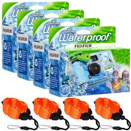 4x Fujifilm QuickSnap 800 Waterproof Disposable 35mm Camera + 4x Floating Strap - Blue