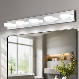 RYHNUYNE - Modern 5‑Light Vanity Light,37"LED Bathroom Wall Light,Wall Mount Over Mirror Lighting for Bath - Chrome