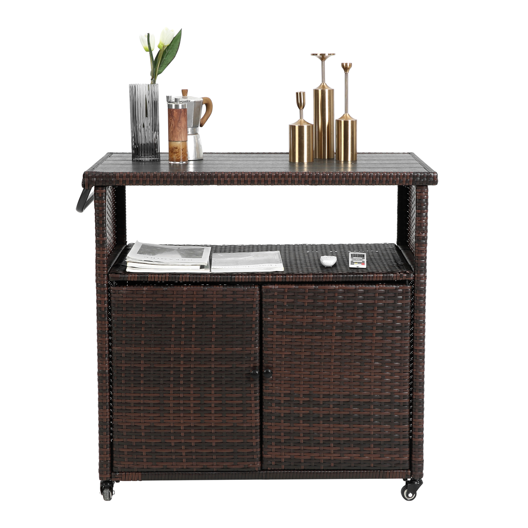 Left. APRILSOUL - Outdoor Wicker Bar Cart with Wheels Rolling Rattan Beverage Bar Counter Table with Glass Top Light brown - Black+Brown.