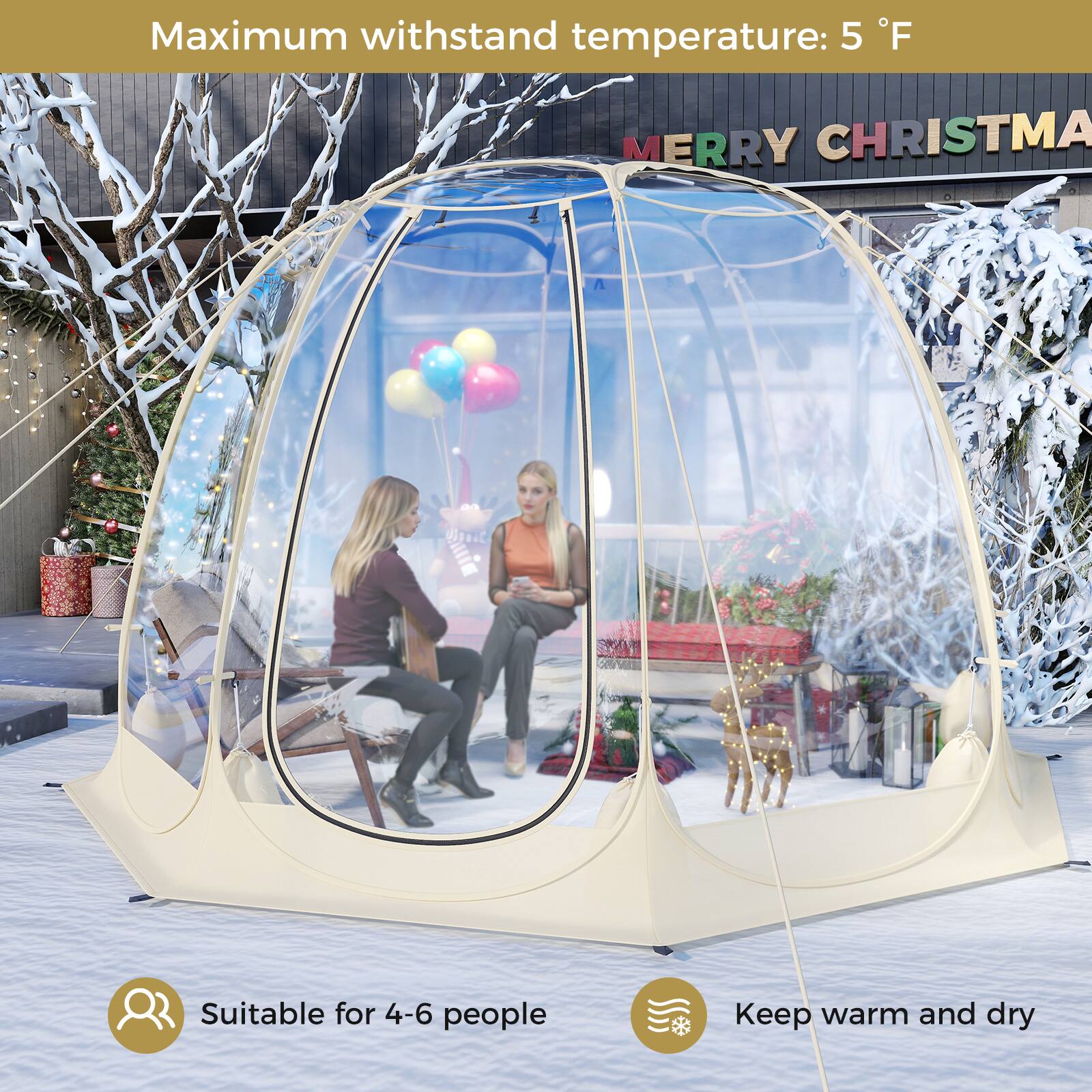 Maximum withstand temperature: 5 °F  
MERRY CHRISTMAS  
Suitable for 4-6 people  
Keep warm and dry