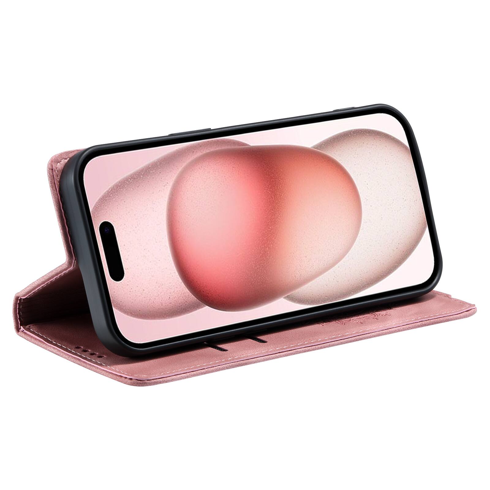 Back. Dteck - Magnetic Wallet Case For Apple iPhone 18 Pro Max, Shockproof Embossed Card Cash Pocket Stand PU Leather Cover - Pink.