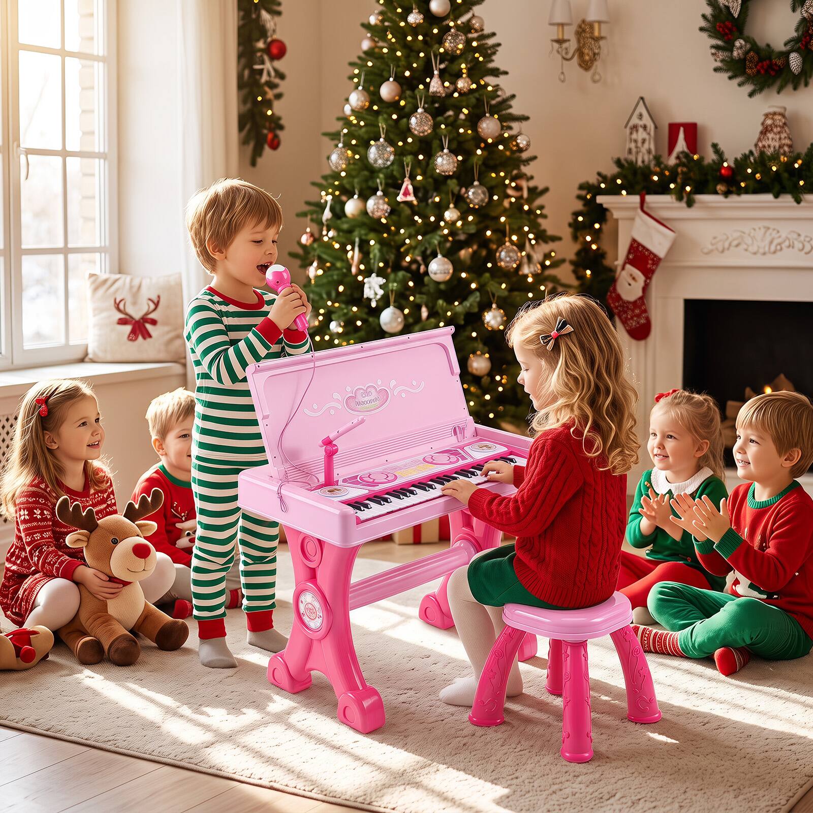 Alt View 3. Costway - Costway 49 Keys Kids Electric Piano Keyboard Toy with Stool & Microphone, Lights, Sounds - Pink.