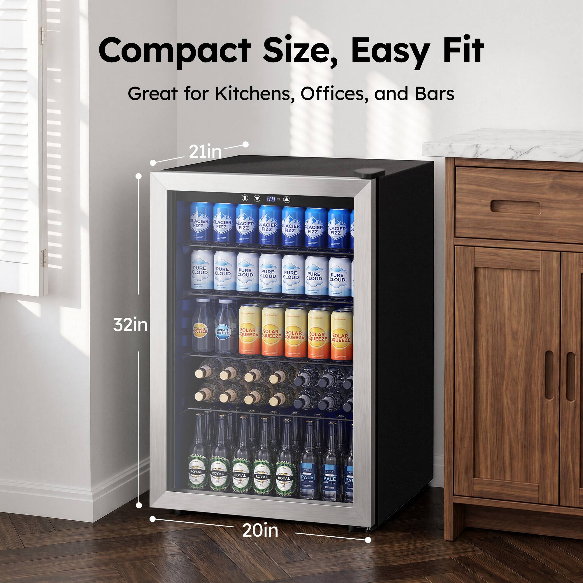 Compact Size, Easy Fit  
Great for Kitchens, Offices, and Bars  
21in  
32in  
20in