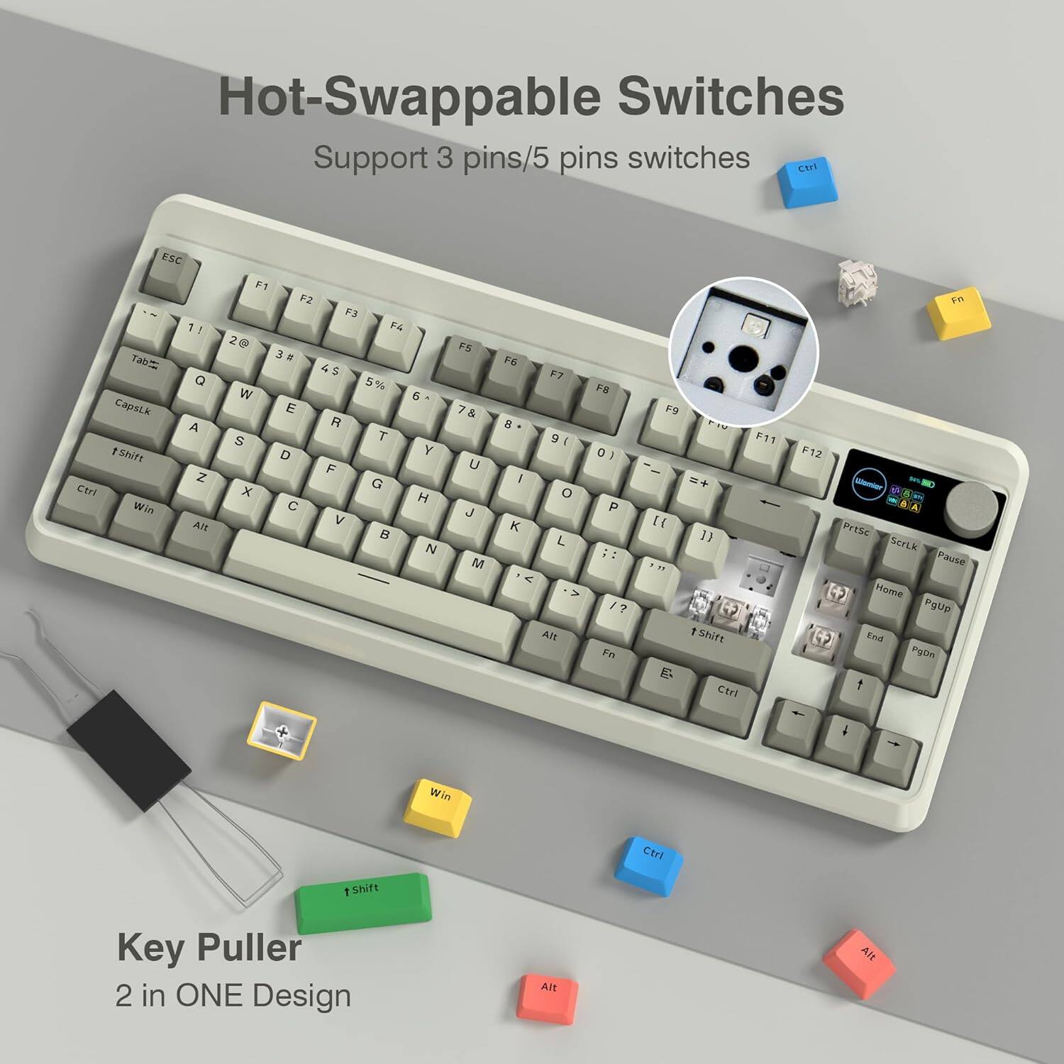 Hot-Swappable Switches  
Support 3 pins/5 pins switches  

Key Puller  
2 in ONE Design