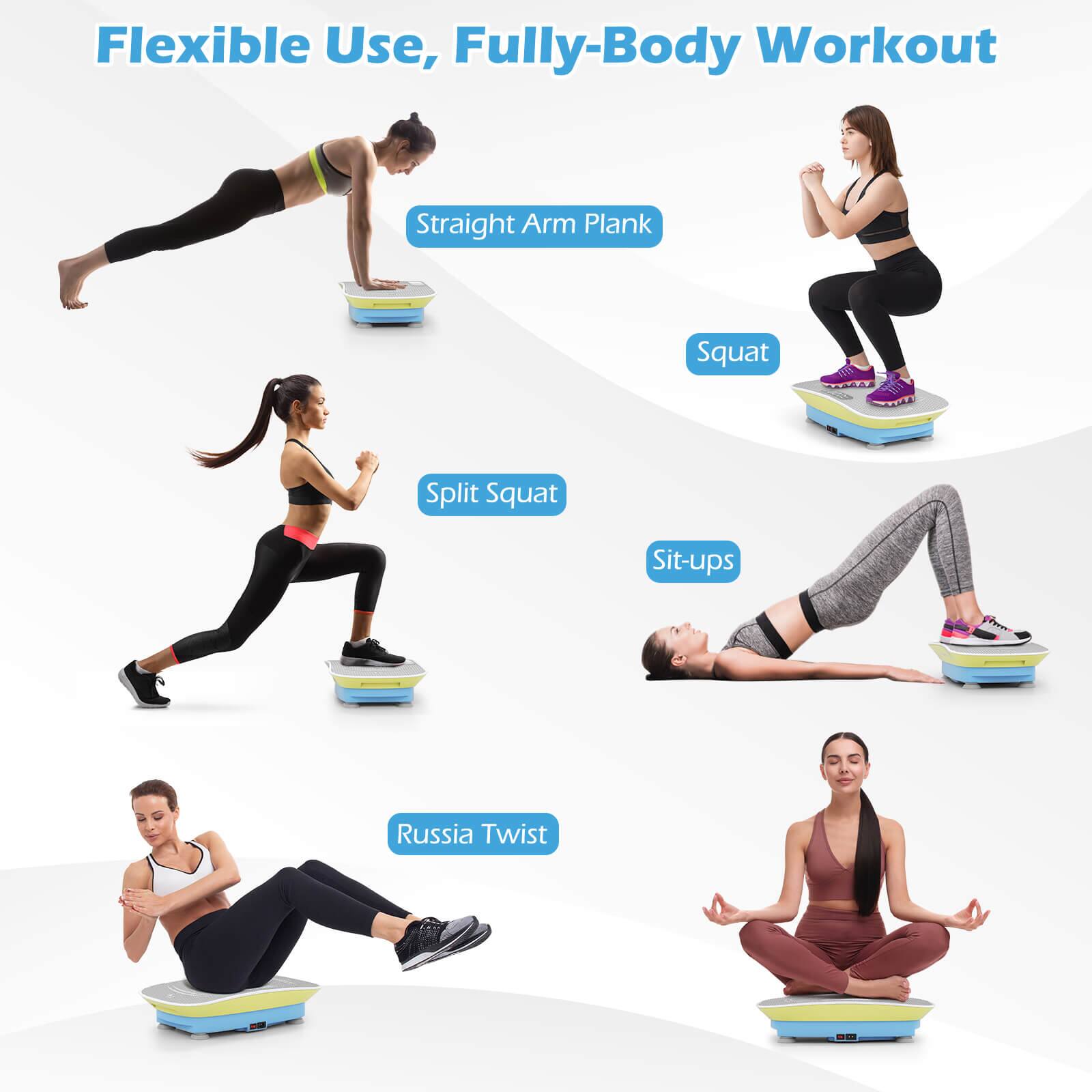 Flexible Use, Fully-Body Workout

- Straight Arm Plank
- Squat
- Split Squat
- Sit-ups
- Russia Twist