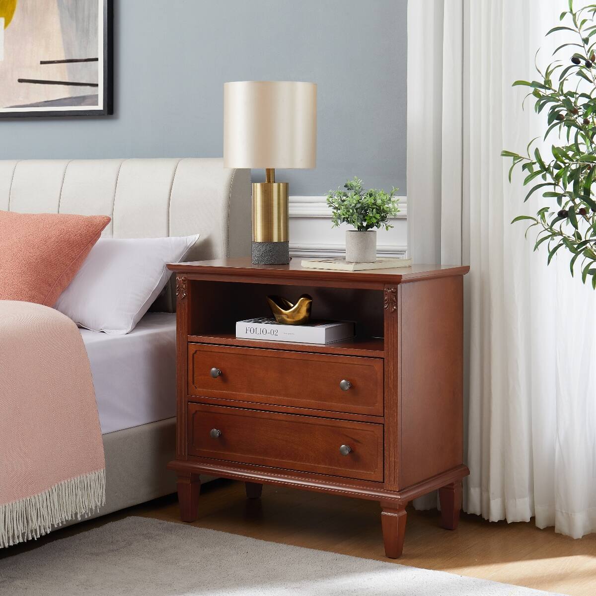 Alt View 2. Loheer - Loheer Nightstand With Charging Station, Walnut Two Drawer Bedside Table With Open Shelf - Walnut.