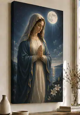 FC Design - Large Moonlight Virgin Mary Wall Art Canvas Print 24x36" Peaceful Night Meditation Painting for Home Decor - MultiColor