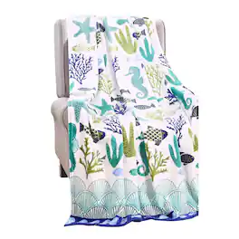 Noble House - Plazatex Nautical Ocean Coral Plush All Season Decorative Throw Blanket 50" x 60" White & Blue - White & Blues