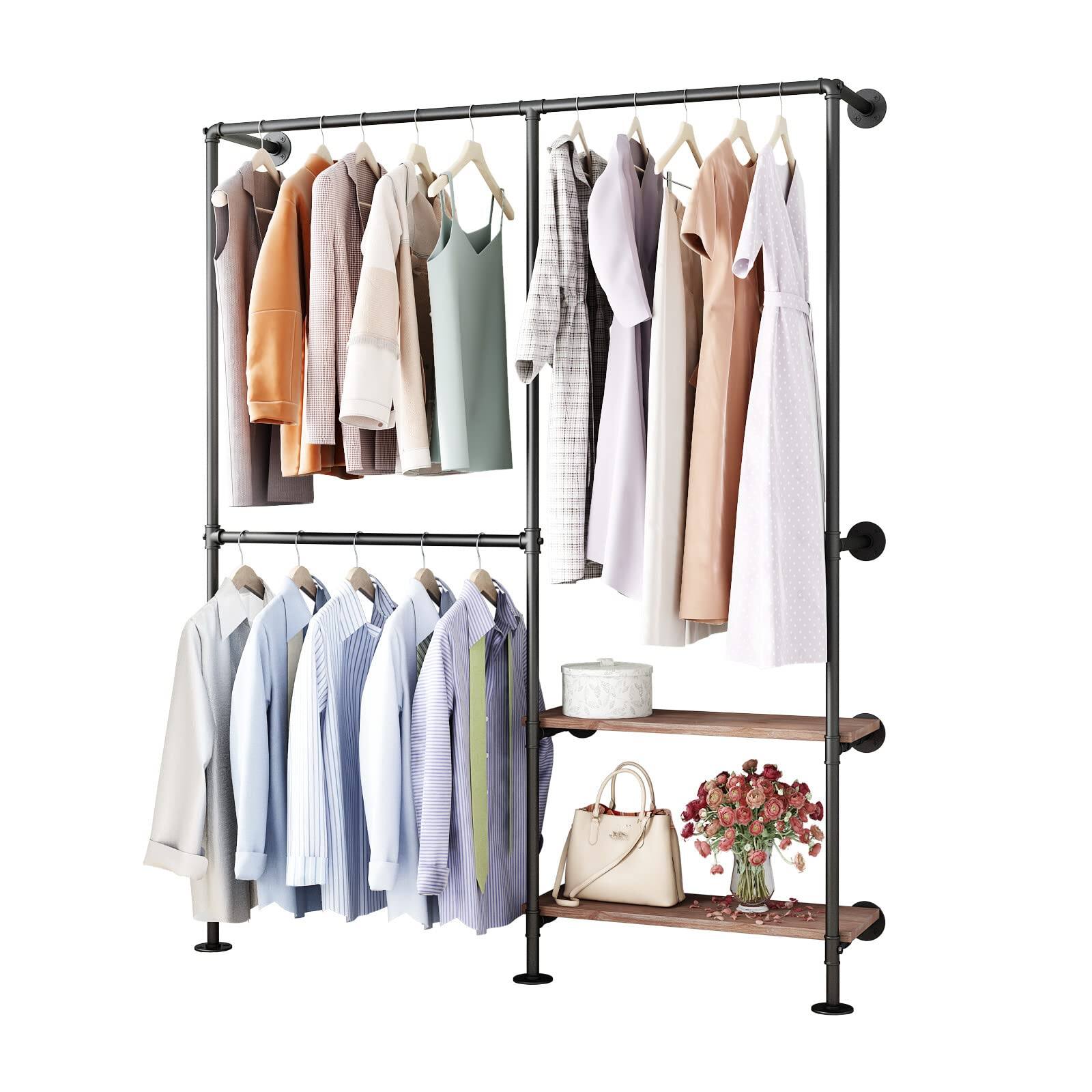 Alt View 6. Hirose Alice - Industrial Pipe Clothes Racks with Shelves  Industrial Pipe Clothing Rack with Double Hanging Rods  Heavy - Gold 63Inch.
