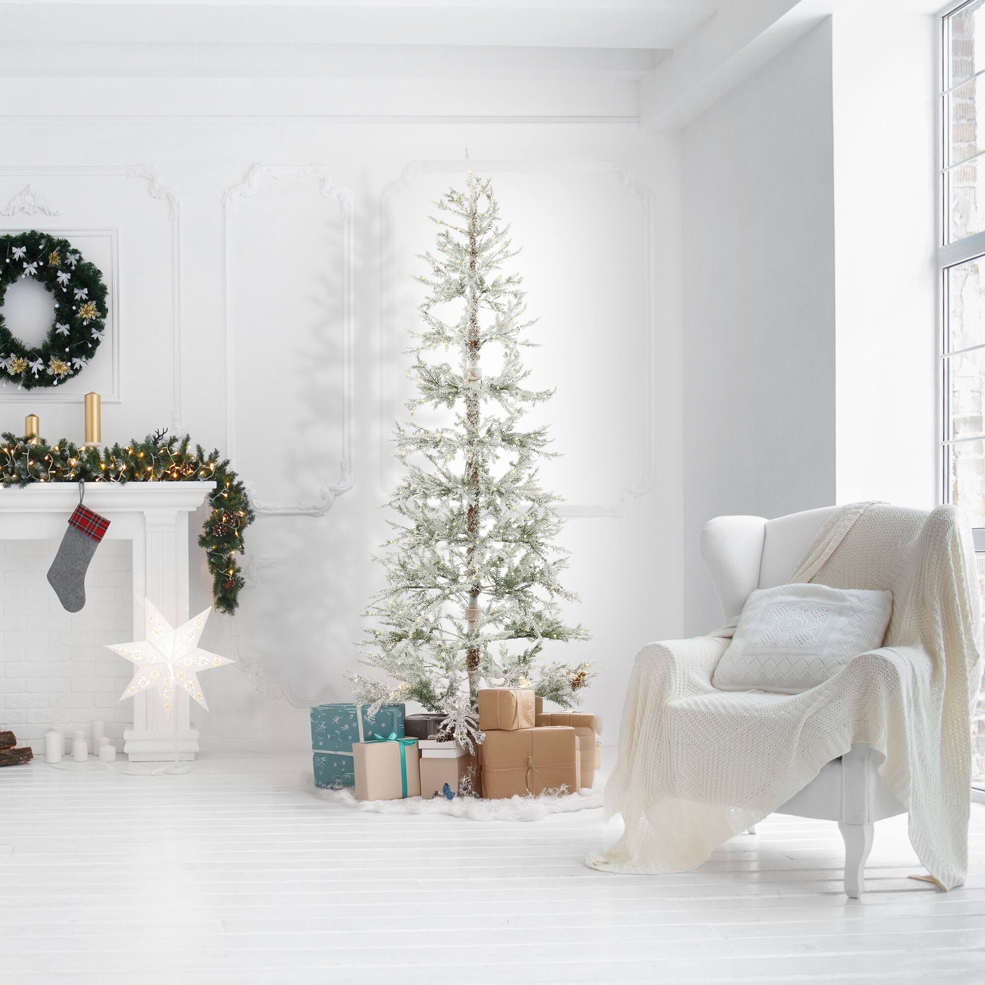 Alt View 1. Casafield - Pre-Lit Sparse Pine Flocked Holiday Christmas Tree with Stand - Green.