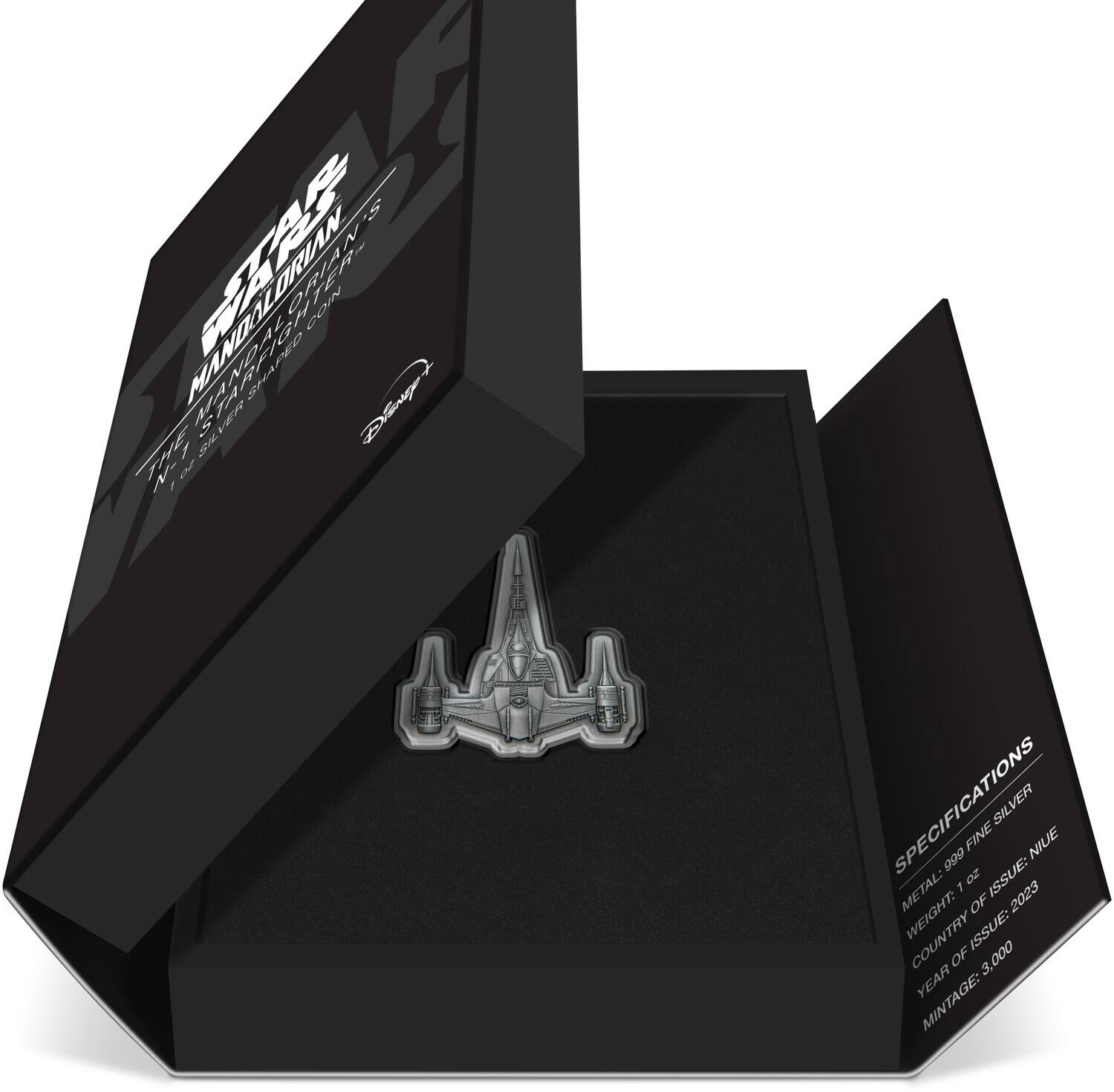 **STAR WARS**  
THE MANDALORIAN  
MAGNIFICENT SHAPED COIN  

Disney  

**SPECIFICATIONS**  
METAL: 999 FINE SILVER  
WEIGHT: 1 oz  
COUNTRY OF ISSUE: NIUE  
YEAR OF ISSUE: 2023  
MINTAGE: 3,000
