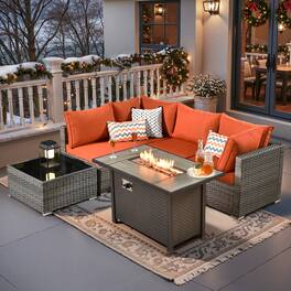 Ovios - 6 PCS Wicker Patio Furniture Outdoor Sectional Sofa with Coffee Table & 42'' Firepit Table - Orange Red